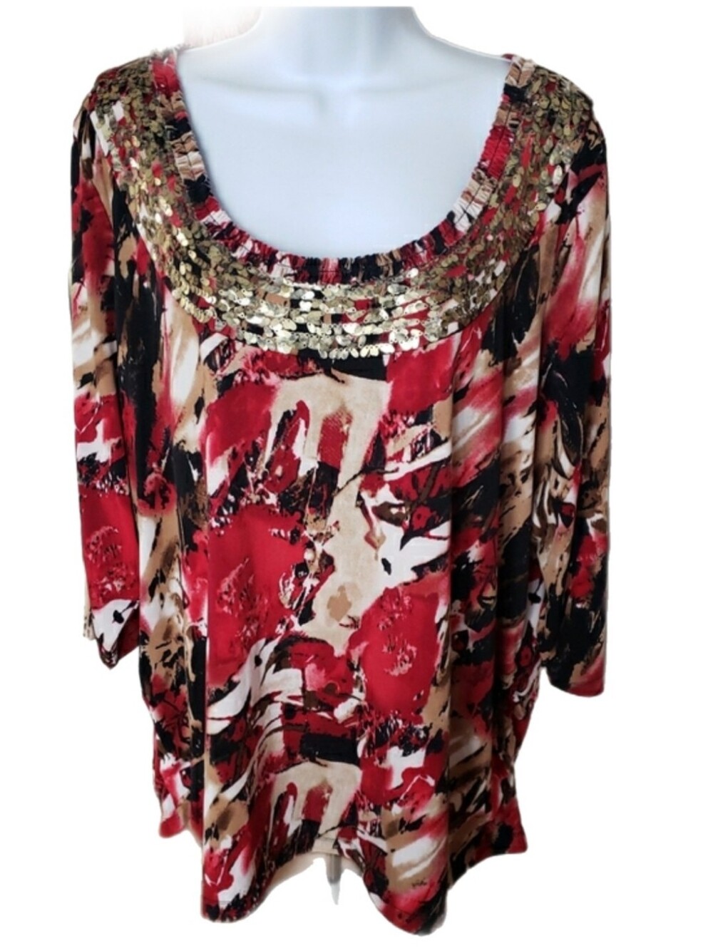 Laura Ashley Red Floral Metallic Ornate Scoop Neck Tunic, 3X